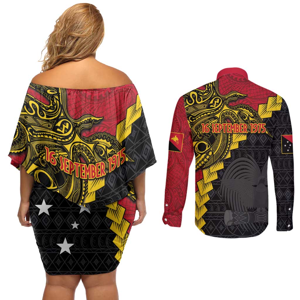 Papua New Guinea Independence Day Couples Matching Off Shoulder Short Dress and Long Sleeve Button Shirt Bird-of-paradise Melanesian Tattoo LT03 - Polynesian Pride