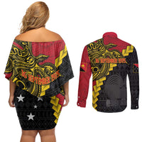 Papua New Guinea Independence Day Couples Matching Off Shoulder Short Dress and Long Sleeve Button Shirt Bird-of-paradise Melanesian Tattoo LT03 - Polynesian Pride