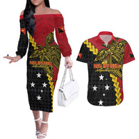 Papua New Guinea Independence Day Couples Matching Off The Shoulder Long Sleeve Dress and Hawaiian Shirt Bird-of-paradise Melanesian Tattoo LT03 Red - Polynesian Pride