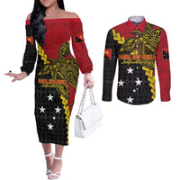 Papua New Guinea Independence Day Couples Matching Off The Shoulder Long Sleeve Dress and Long Sleeve Button Shirt Bird-of-paradise Melanesian Tattoo LT03 Red - Polynesian Pride