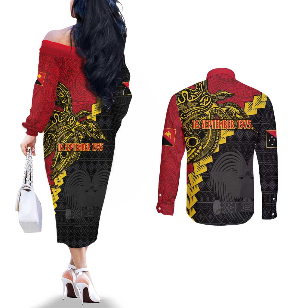 Papua New Guinea Independence Day Couples Matching Off The Shoulder Long Sleeve Dress and Long Sleeve Button Shirt Bird-of-paradise Melanesian Tattoo LT03 - Polynesian Pride