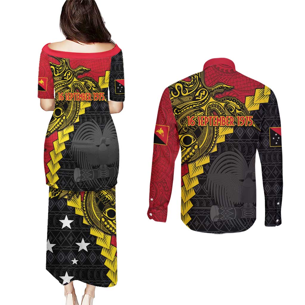 Papua New Guinea Independence Day Couples Matching Puletasi and Long Sleeve Button Shirt Bird-of-paradise Melanesian Tattoo LT03 - Polynesian Pride