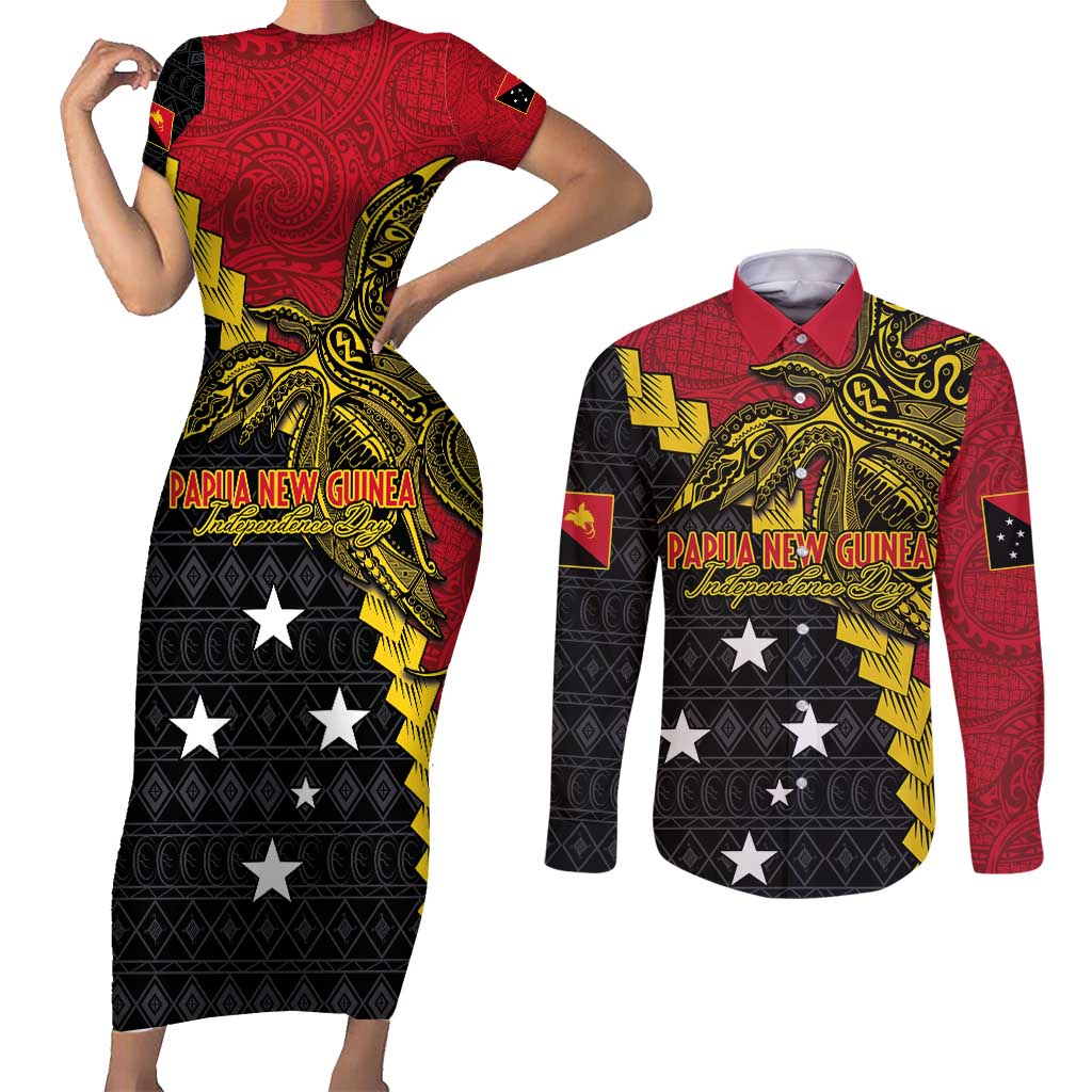 Papua New Guinea Independence Day Couples Matching Short Sleeve Bodycon Dress and Long Sleeve Button Shirt Bird-of-paradise Melanesian Tattoo LT03 Red - Polynesian Pride