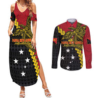 Papua New Guinea Independence Day Couples Matching Summer Maxi Dress and Long Sleeve Button Shirt Bird-of-paradise Melanesian Tattoo LT03 Red - Polynesian Pride