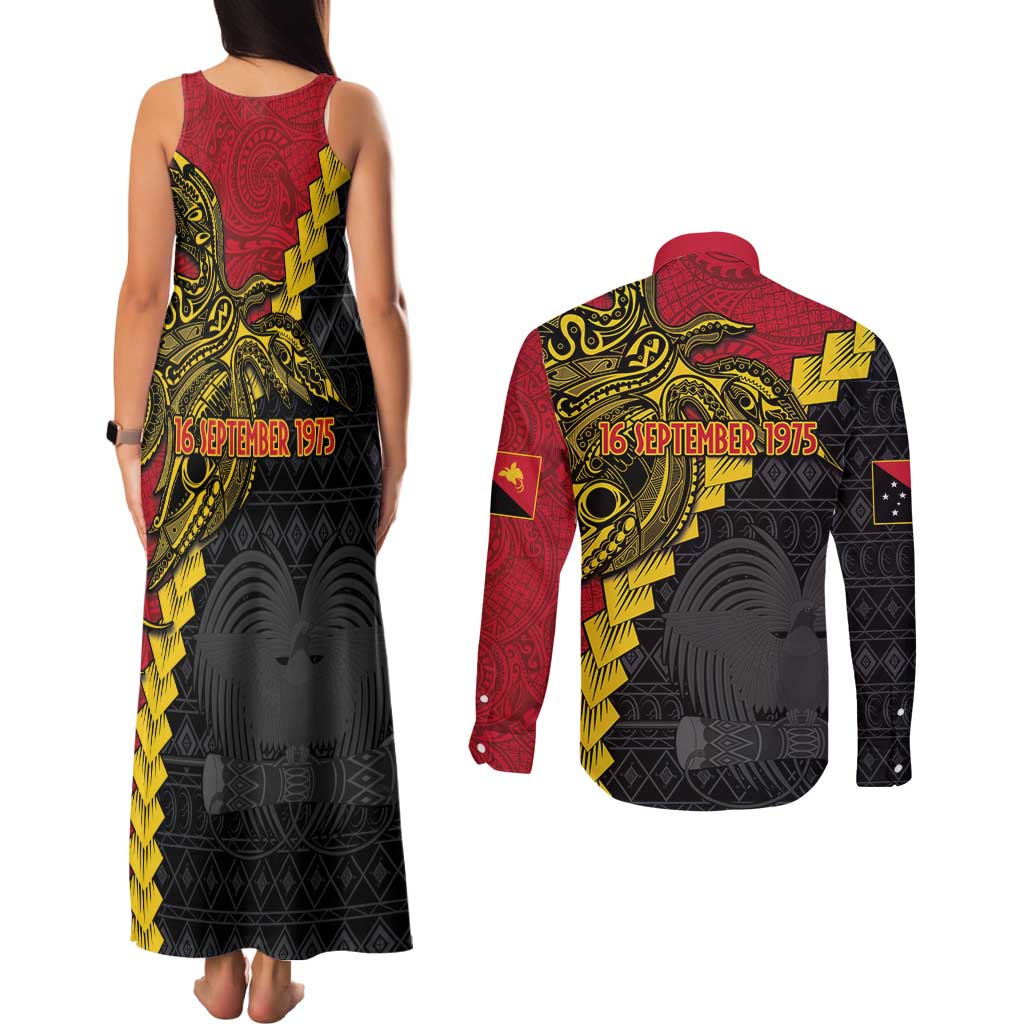 Papua New Guinea Independence Day Couples Matching Tank Maxi Dress and Long Sleeve Button Shirt Bird-of-paradise Melanesian Tattoo LT03 - Polynesian Pride