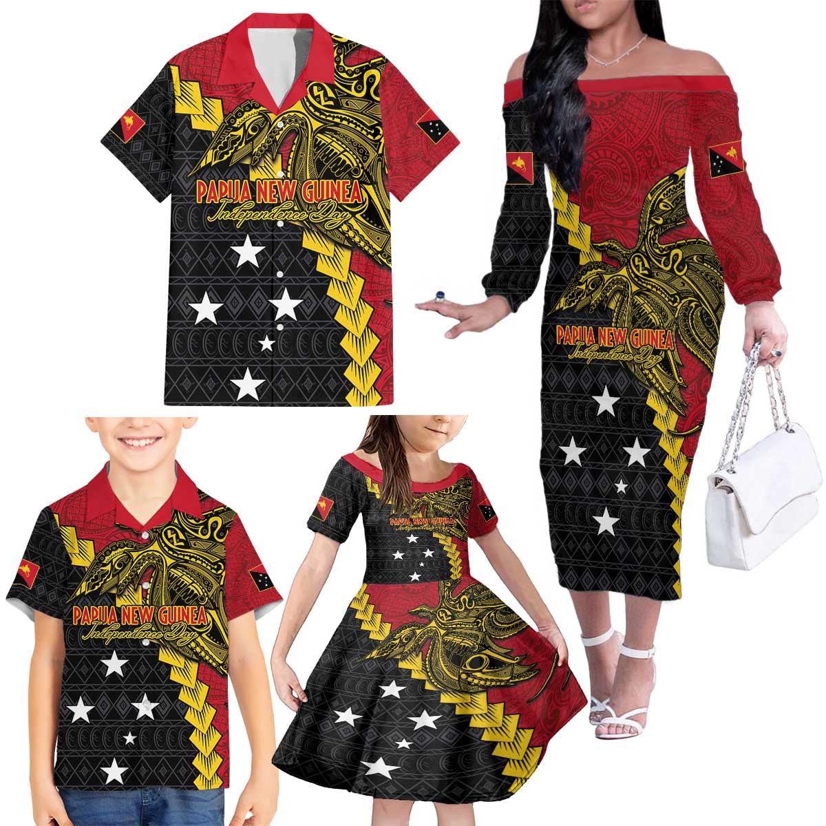 Papua New Guinea Independence Day Family Matching Off The Shoulder Long Sleeve Dress and Hawaiian Shirt Bird-of-paradise Melanesian Tattoo LT03 - Polynesian Pride