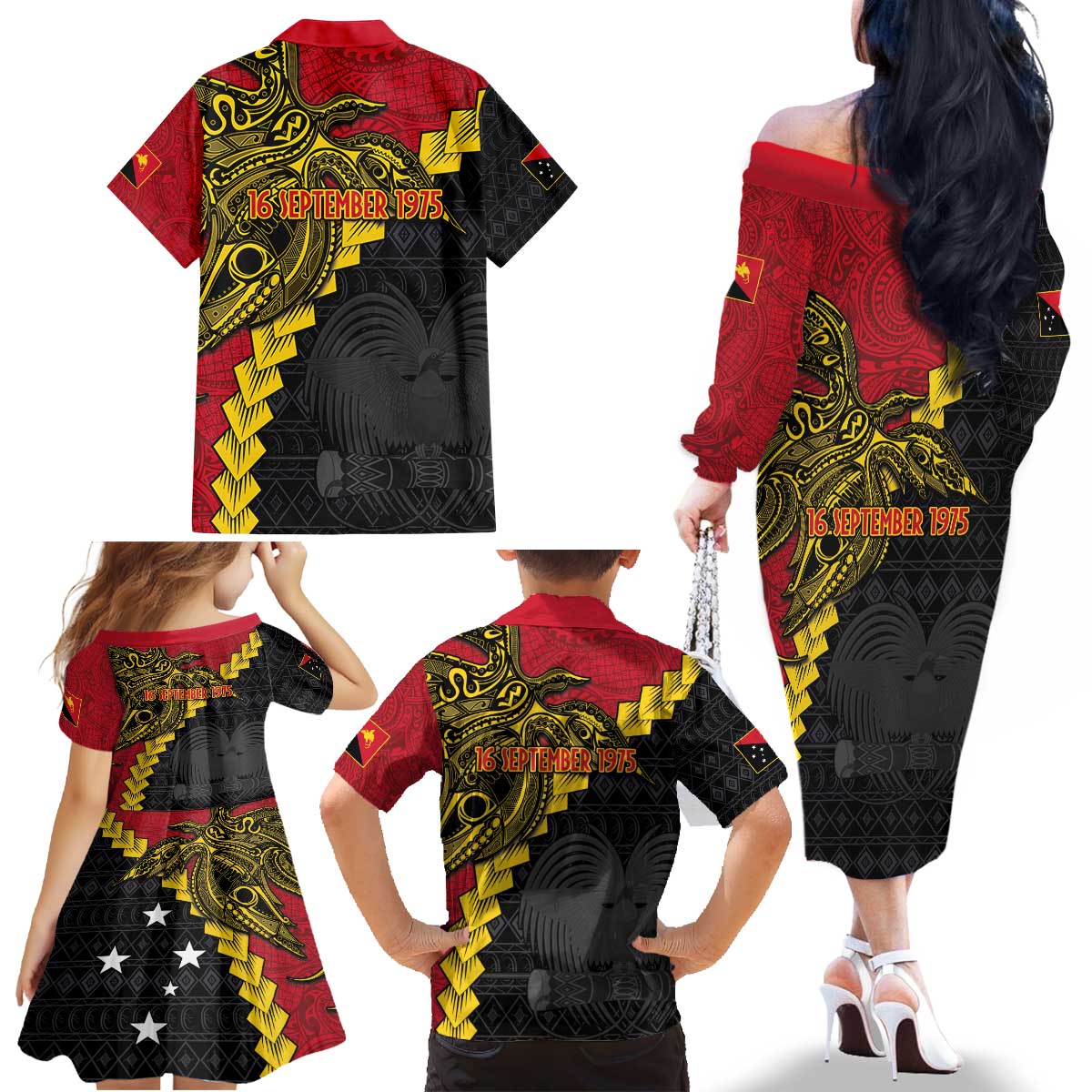Papua New Guinea Independence Day Family Matching Off The Shoulder Long Sleeve Dress and Hawaiian Shirt Bird-of-paradise Melanesian Tattoo LT03 - Polynesian Pride