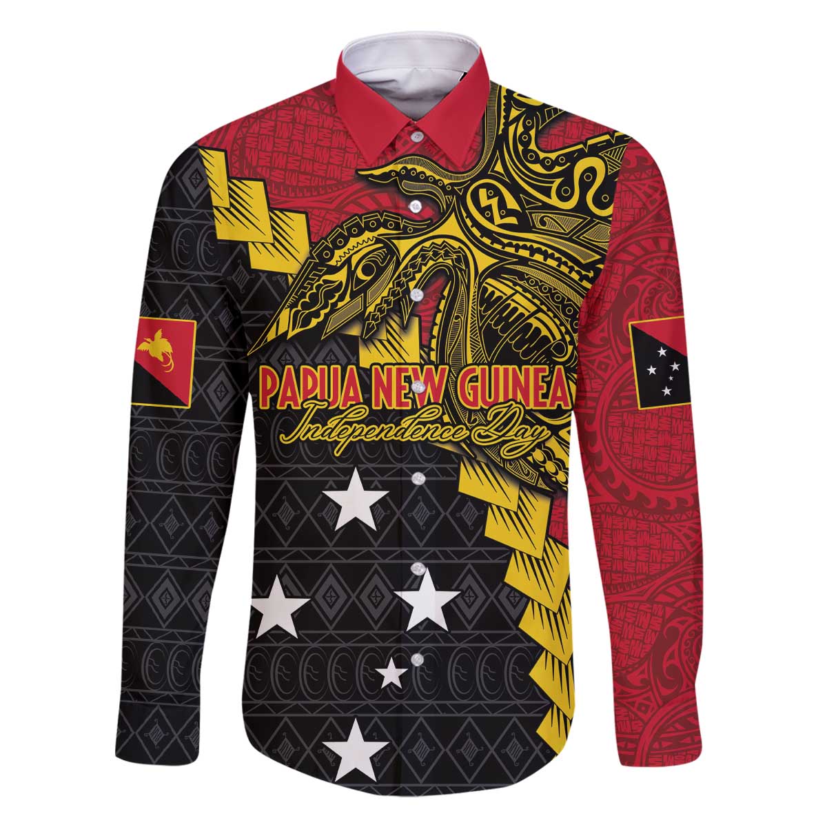 Papua New Guinea Independence Day Family Matching Off The Shoulder Long Sleeve Dress and Hawaiian Shirt Bird-of-paradise Melanesian Tattoo LT03 Dad's Shirt - Long Sleeve Red - Polynesian Pride