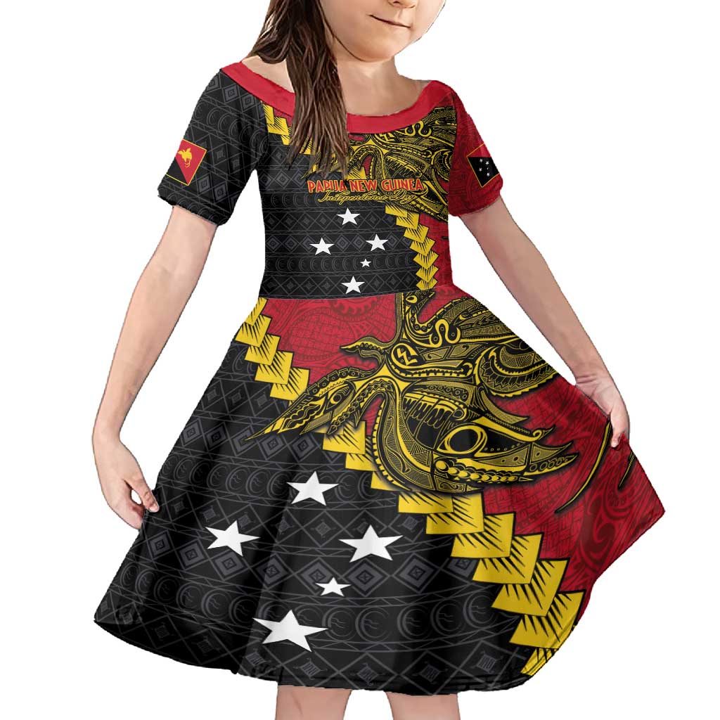 Papua New Guinea Independence Day Family Matching Off Shoulder Maxi Dress and Hawaiian Shirt Bird-of-paradise Melanesian Tattoo LT03 Daughter's Dress Red - Polynesian Pride