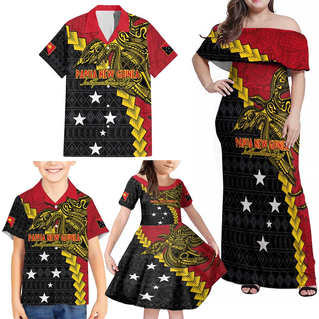 Papua New Guinea Independence Day Family Matching Off Shoulder Maxi Dress and Hawaiian Shirt Bird-of-paradise Melanesian Tattoo LT03 - Polynesian Pride
