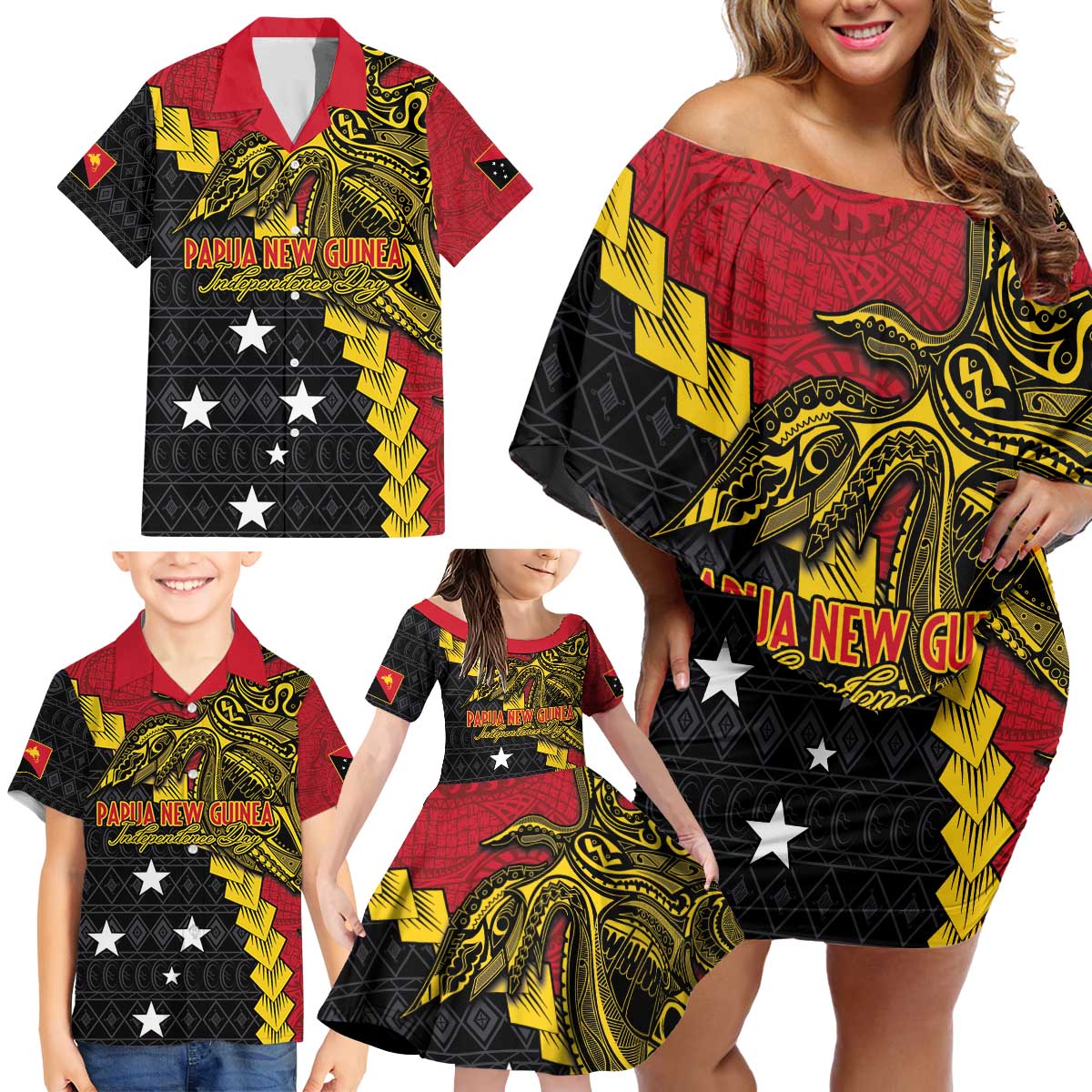 Papua New Guinea Independence Day Family Matching Off Shoulder Short Dress and Hawaiian Shirt Bird-of-paradise Melanesian Tattoo LT03 - Polynesian Pride