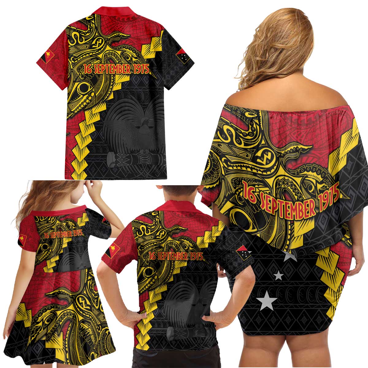 Papua New Guinea Independence Day Family Matching Off Shoulder Short Dress and Hawaiian Shirt Bird-of-paradise Melanesian Tattoo LT03 - Polynesian Pride