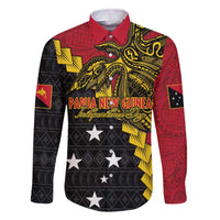 Papua New Guinea Independence Day Family Matching Off Shoulder Short Dress and Hawaiian Shirt Bird-of-paradise Melanesian Tattoo LT03 Dad's Shirt - Long Sleeve Red - Polynesian Pride