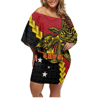 Papua New Guinea Independence Day Family Matching Off Shoulder Short Dress and Hawaiian Shirt Bird-of-paradise Melanesian Tattoo LT03 Mom's Dress Red - Polynesian Pride