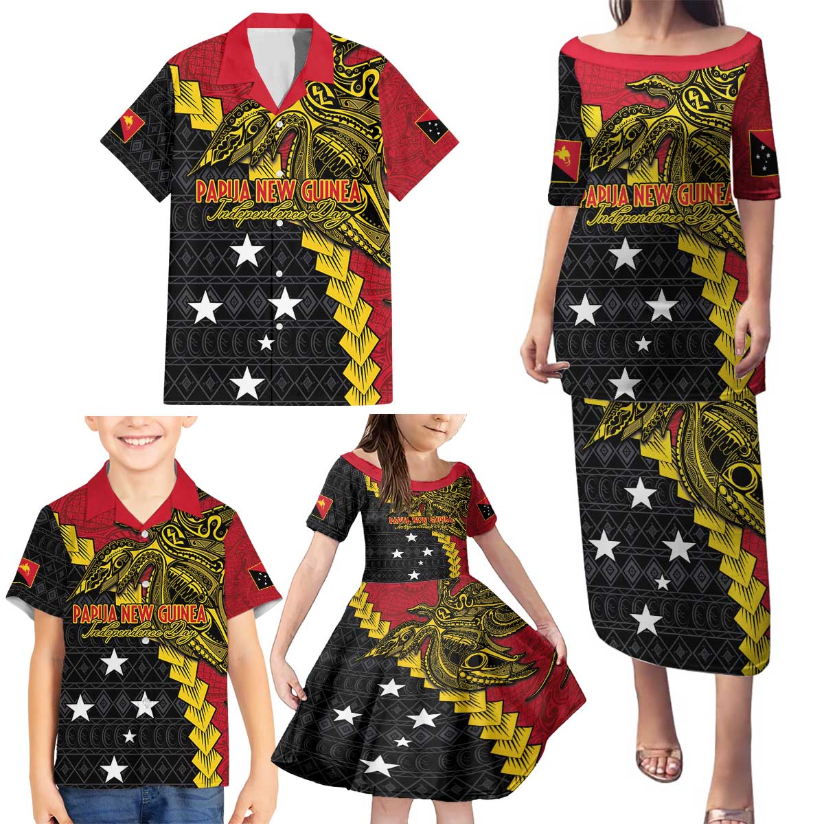 Papua New Guinea Independence Day Family Matching Puletasi and Hawaiian Shirt Bird-of-paradise Melanesian Tattoo LT03 - Polynesian Pride