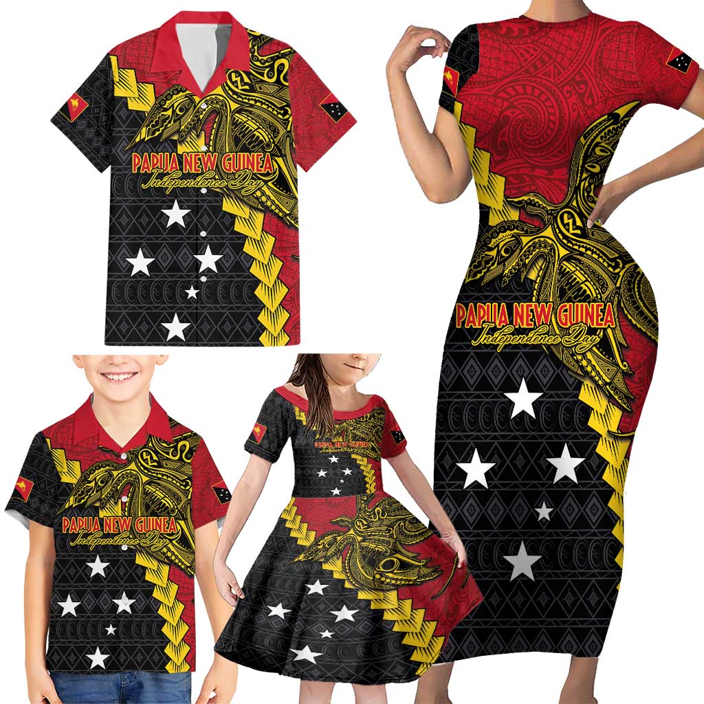 Papua New Guinea Independence Day Family Matching Short Sleeve Bodycon Dress and Hawaiian Shirt Bird-of-paradise Melanesian Tattoo LT03 - Polynesian Pride