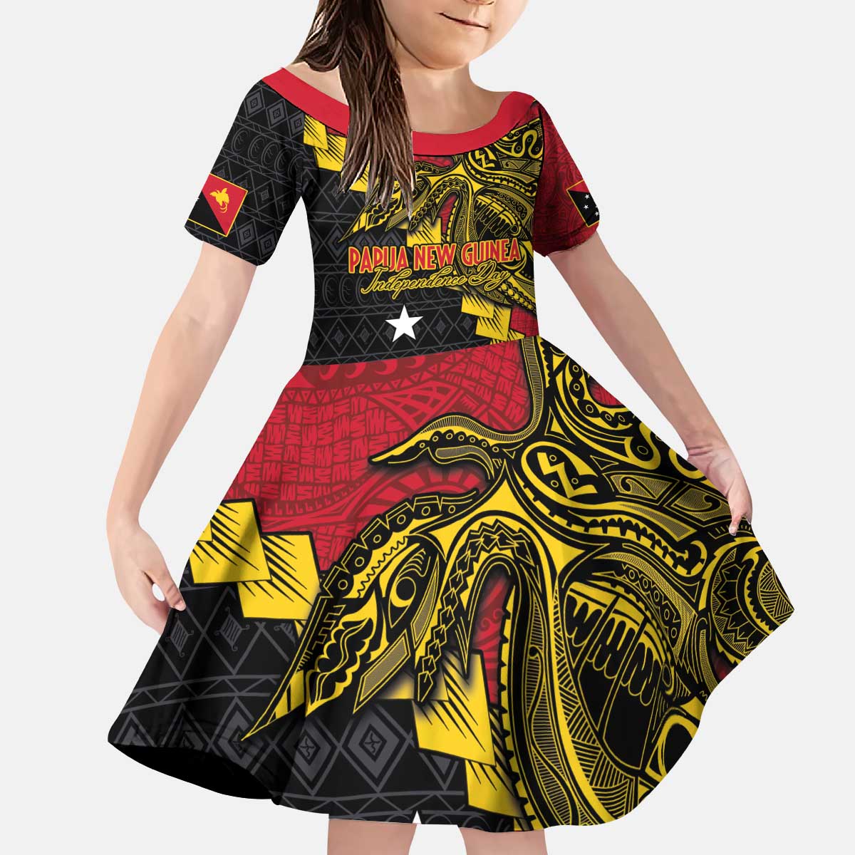 Papua New Guinea Independence Day Kid Short Sleeve Dress Bird-of-paradise Melanesian Tattoo LT03 KID Red - Polynesian Pride