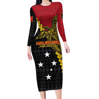 Papua New Guinea Independence Day Long Sleeve Bodycon Dress Bird-of-paradise Melanesian Tattoo LT03 Long Dress Red - Polynesian Pride