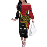 Papua New Guinea Independence Day Off The Shoulder Long Sleeve Dress Bird-of-paradise Melanesian Tattoo LT03 Women Red - Polynesian Pride