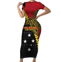 Papua New Guinea Independence Day Short Sleeve Bodycon Dress Bird-of-paradise Melanesian Tattoo LT03 Long Dress Red - Polynesian Pride