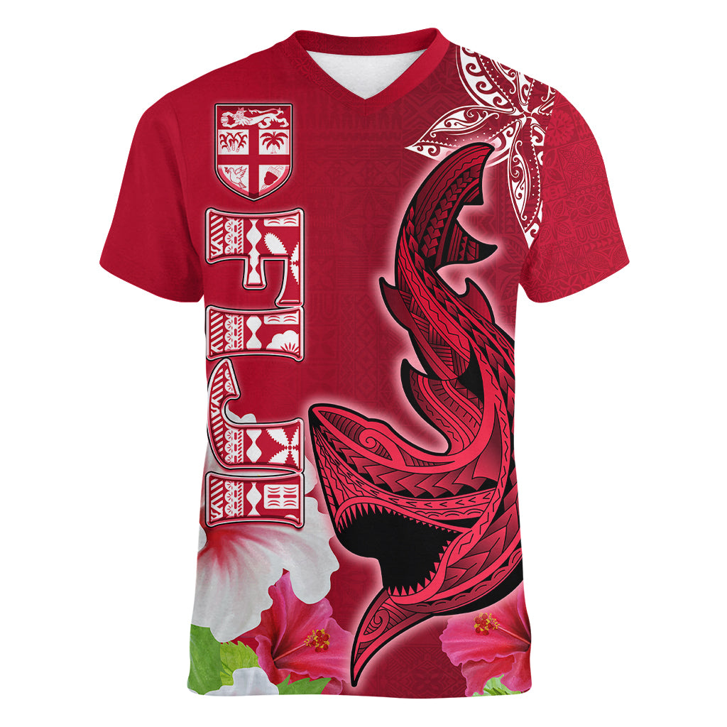 Polynesian Fiji Women V Neck T Shirt Shark and Hibiscus Tapa Pattern Red Version LT03 Female Red - Polynesian Pride