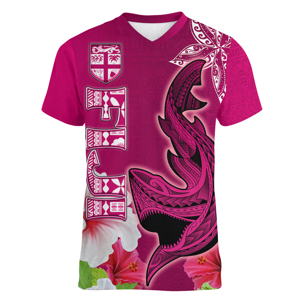Polynesian Fiji Women V Neck T Shirt Shark and Hibiscus Tapa Pattern Purple Version LT03 Female Pink - Polynesian Pride