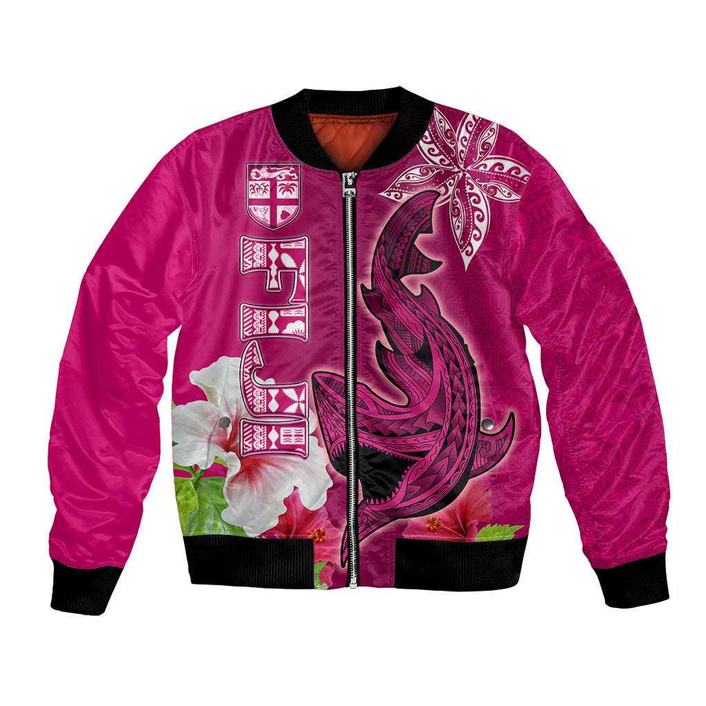 Custom Polynesian Fiji Bomber Jacket Shark and Hibiscus Tapa Pattern Purple Version LT03 Unisex Pink - Polynesian Pride