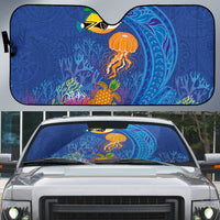 Hawaiian Funny Fruits Sea Animals Auto Sun Shade Mango Reef Triggerfish and Pineapple Turtle and Mandarin Jellyfish LT03 Blue - Polynesian Pride