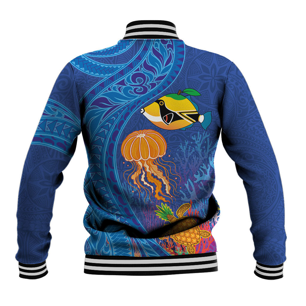 Hawaiian Funny Fruits Sea Animals Baseball Jacket Mango Reef Triggerfish and Pineapple Turtle and Mandarin Jellyfish