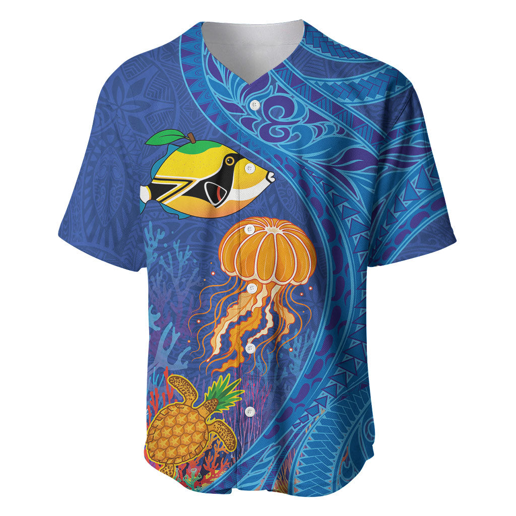 Hawaiian Funny Fruits Sea Animals Baseball Jersey Mango Reef Triggerfish and Pineapple Turtle and Mandarin Jellyfish LT03 Blue - Polynesian Pride