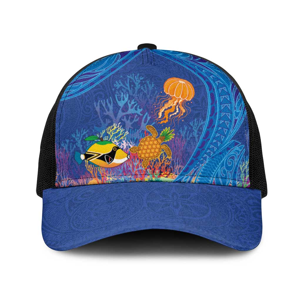 Hawaiian Funny Fruits Sea Animals Baseball Net Cap Mango Reef Triggerfish and Pineapple Turtle and Mandarin Jellyfish