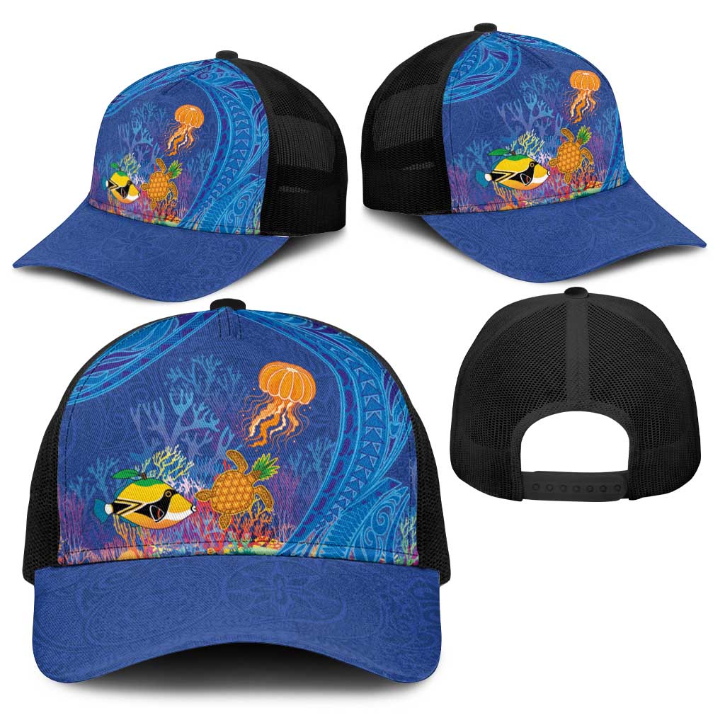Hawaiian Funny Fruits Sea Animals Baseball Net Cap Mango Reef Triggerfish and Pineapple Turtle and Mandarin Jellyfish