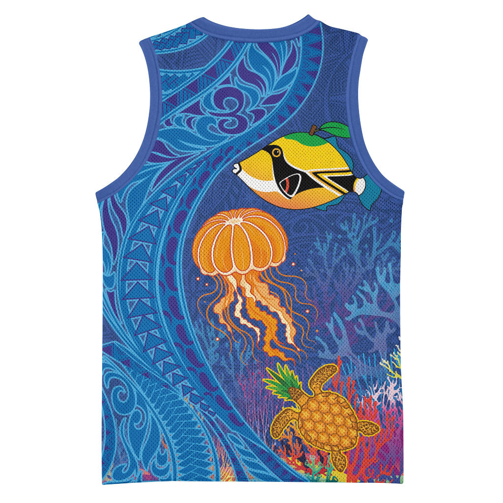Hawaiian Funny Fruits Sea Animals Basketball Jersey Mango Reef Triggerfish and Pineapple Turtle and Mandarin Jellyfish LT03 - Polynesian Pride