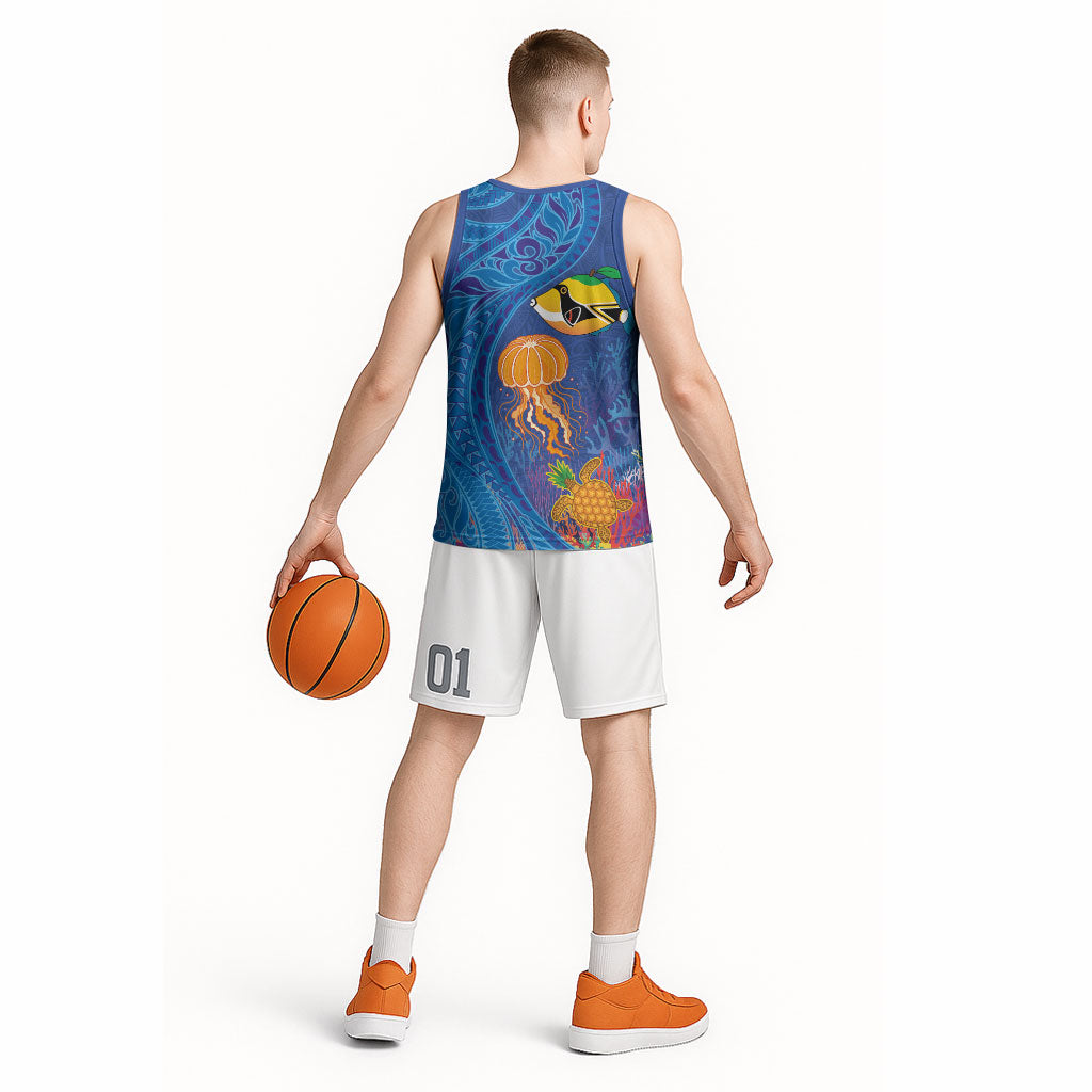 Hawaiian Funny Fruits Sea Animals Basketball Jersey Mango Reef Triggerfish and Pineapple Turtle and Mandarin Jellyfish LT03 - Polynesian Pride