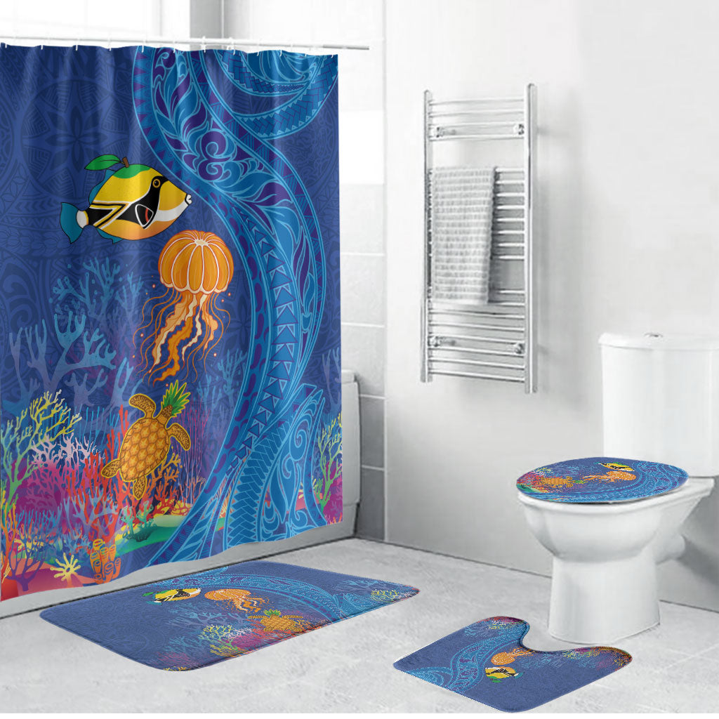 Hawaiian Funny Fruits Sea Animals Bathroom Set Mango Reef Triggerfish and Pineapple Turtle and Mandarin Jellyfish