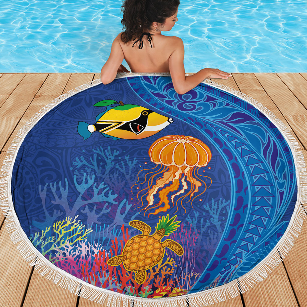 Hawaiian Funny Fruits Sea Animals Beach Blanket Mango Reef Triggerfish and Pineapple Turtle and Mandarin Jellyfish