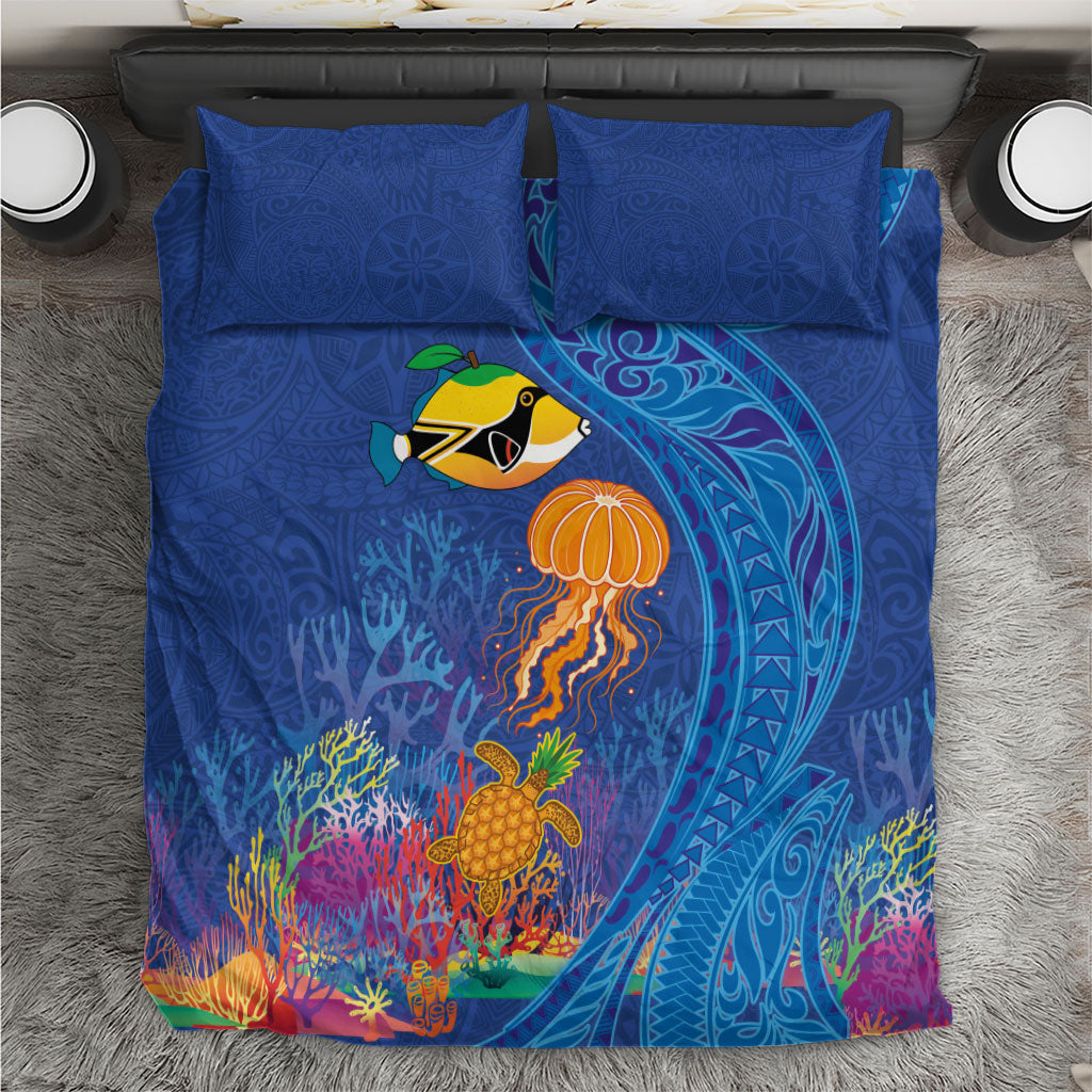 Hawaiian Funny Fruits Sea Animals Bedding Set Mango Reef Triggerfish and Pineapple Turtle and Mandarin Jellyfish LT03 Blue - Polynesian Pride