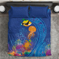 Hawaiian Funny Fruits Sea Animals Bedding Set Mango Reef Triggerfish and Pineapple Turtle and Mandarin Jellyfish LT03 Blue - Polynesian Pride