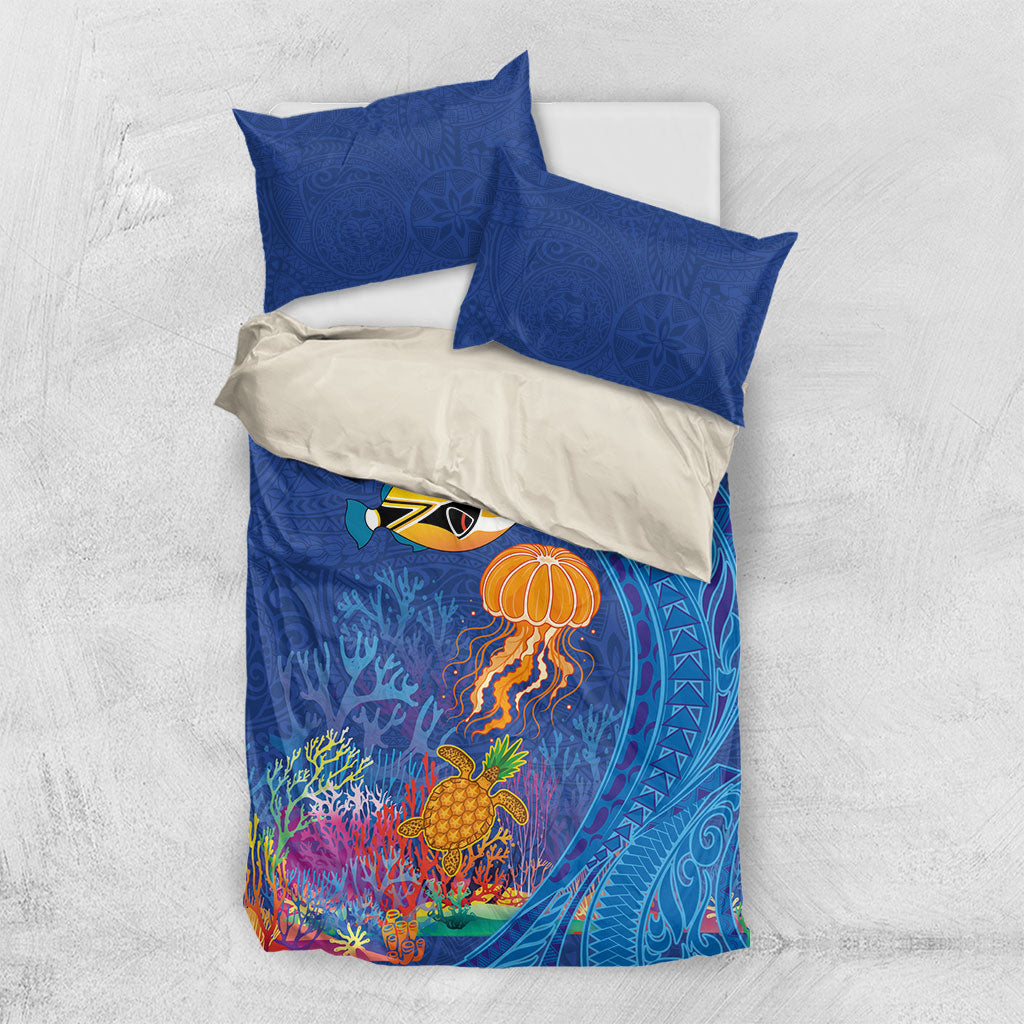 Hawaiian Funny Fruits Sea Animals Bedding Set Mango Reef Triggerfish and Pineapple Turtle and Mandarin Jellyfish LT03 US Twin 172cm x 218cm Blue - Polynesian Pride