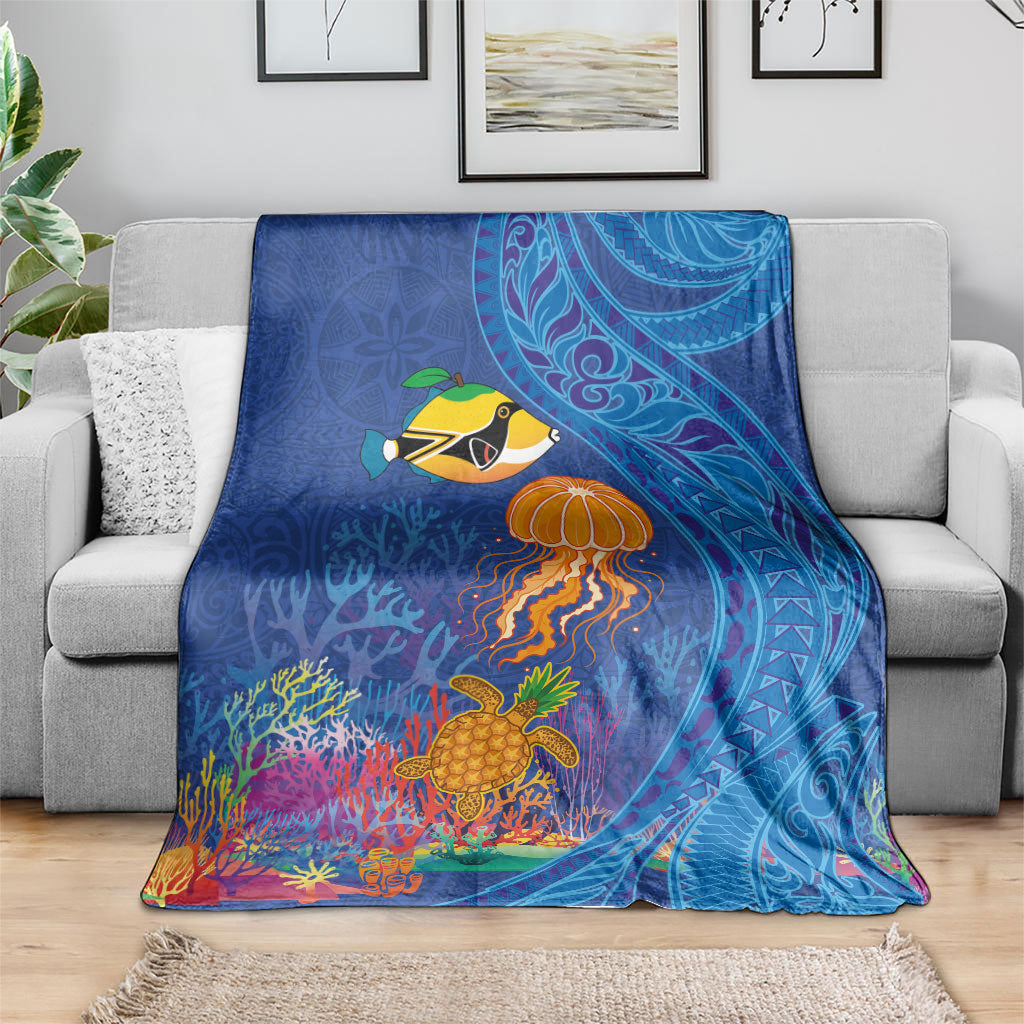Hawaiian Funny Fruits Sea Animals Blanket Mango Reef Triggerfish and Pineapple Turtle and Mandarin Jellyfish LT03 - Polynesian Pride