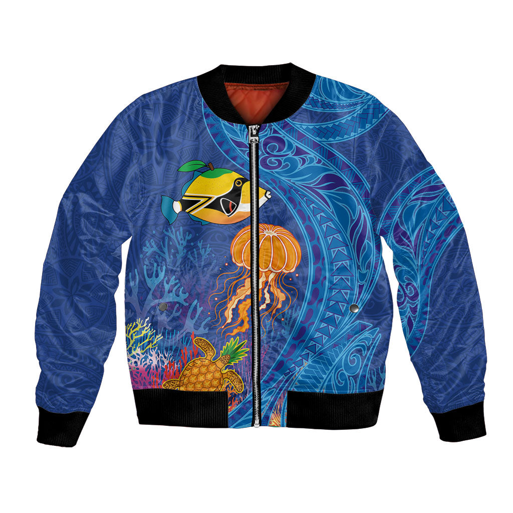Hawaiian Funny Fruits Sea Animals Bomber Jacket Mango Reef Triggerfish and Pineapple Turtle and Mandarin Jellyfish