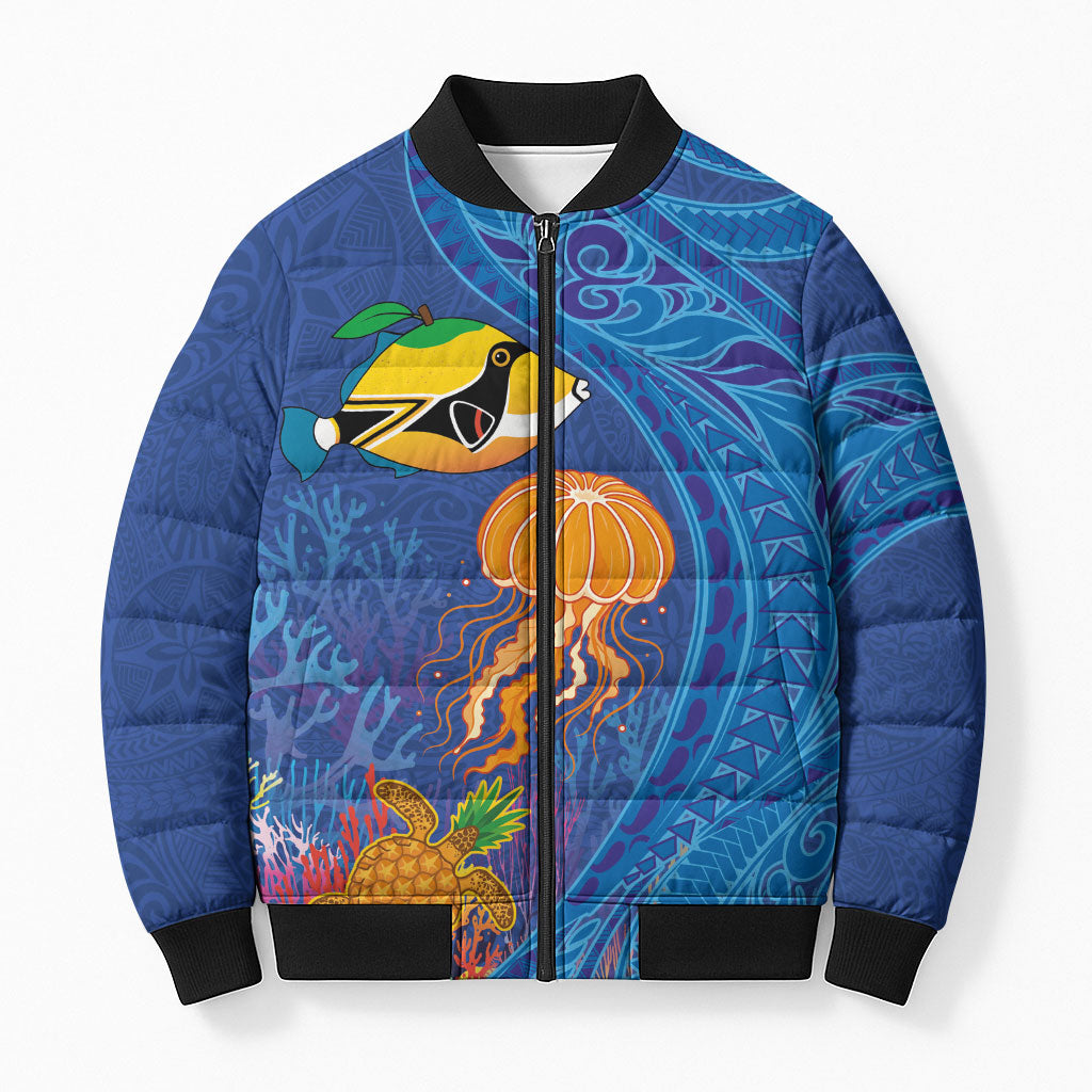 Hawaiian Funny Fruits Sea Animals Bomber Puffer Jacket Mango Reef Triggerfish and Pineapple Turtle and Mandarin Jellyfish