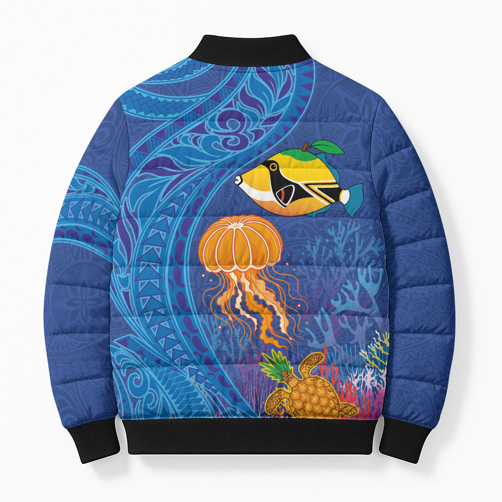 Hawaiian Funny Fruits Sea Animals Bomber Puffer Jacket Mango Reef Triggerfish and Pineapple Turtle and Mandarin Jellyfish