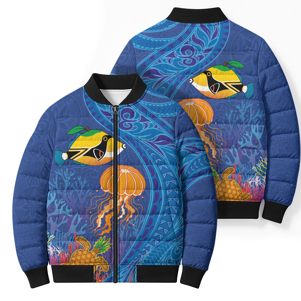 Hawaiian Funny Fruits Sea Animals Bomber Puffer Jacket Mango Reef Triggerfish and Pineapple Turtle and Mandarin Jellyfish