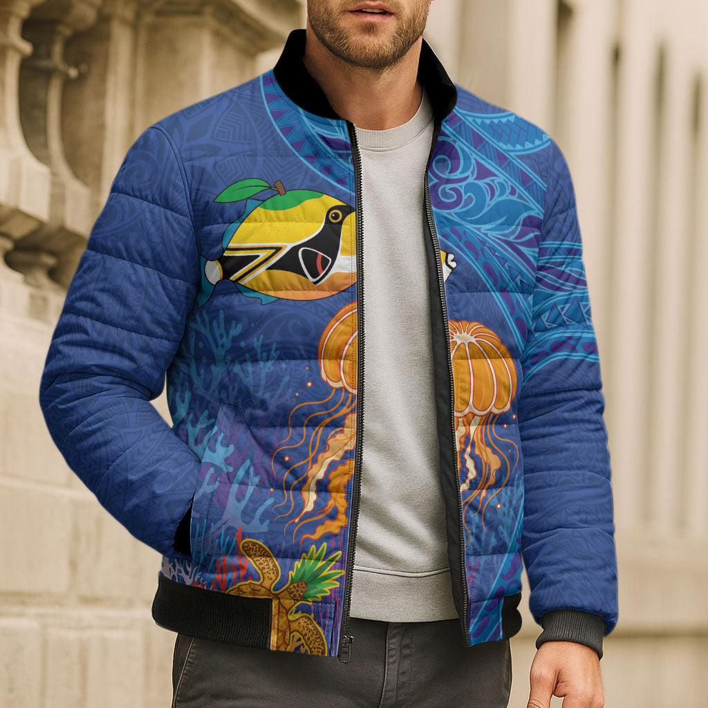 Hawaiian Funny Fruits Sea Animals Bomber Puffer Jacket Mango Reef Triggerfish and Pineapple Turtle and Mandarin Jellyfish