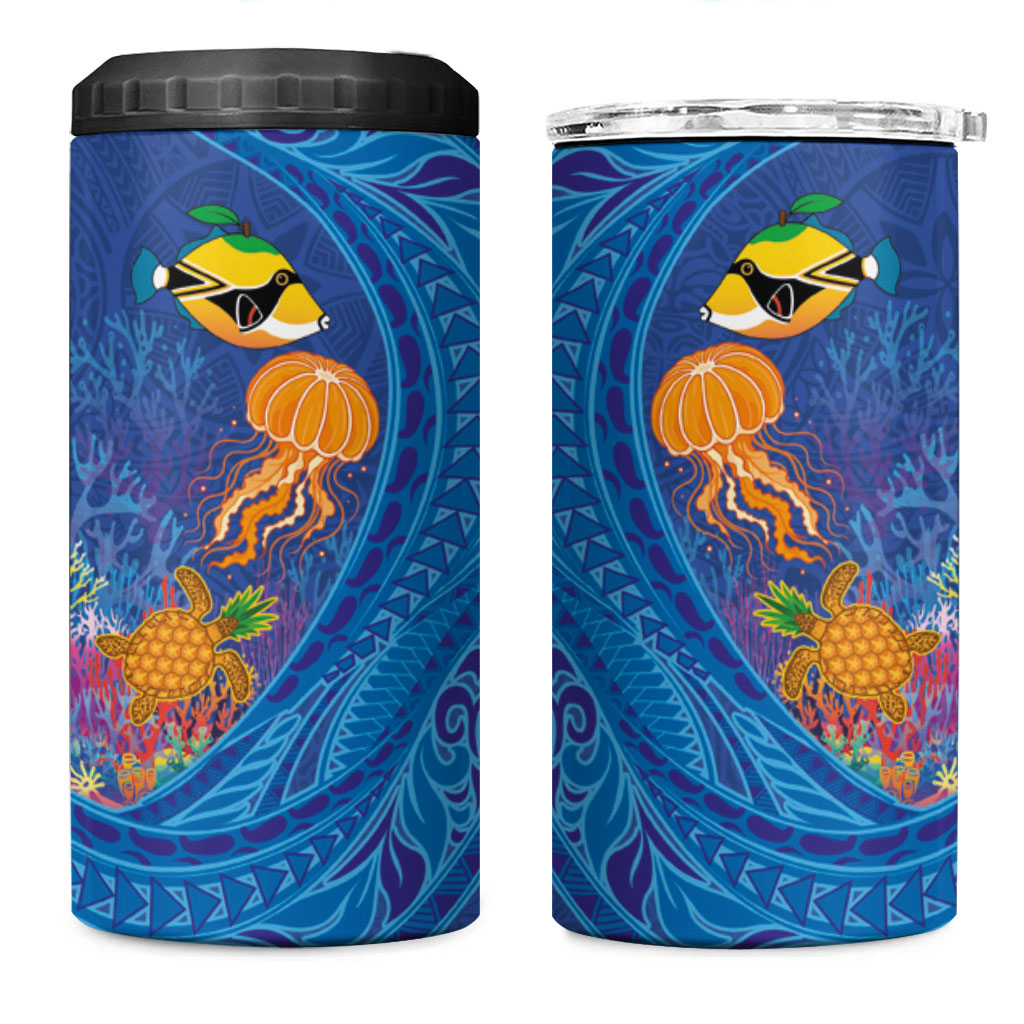 Hawaiian Funny Fruits Sea Animals 4 in 1 Can Cooler Tumbler Mango Reef Triggerfish and Pineapple Turtle and Mandarin Jellyfish LT03 One Size: 16 oz Blue - Polynesian Pride