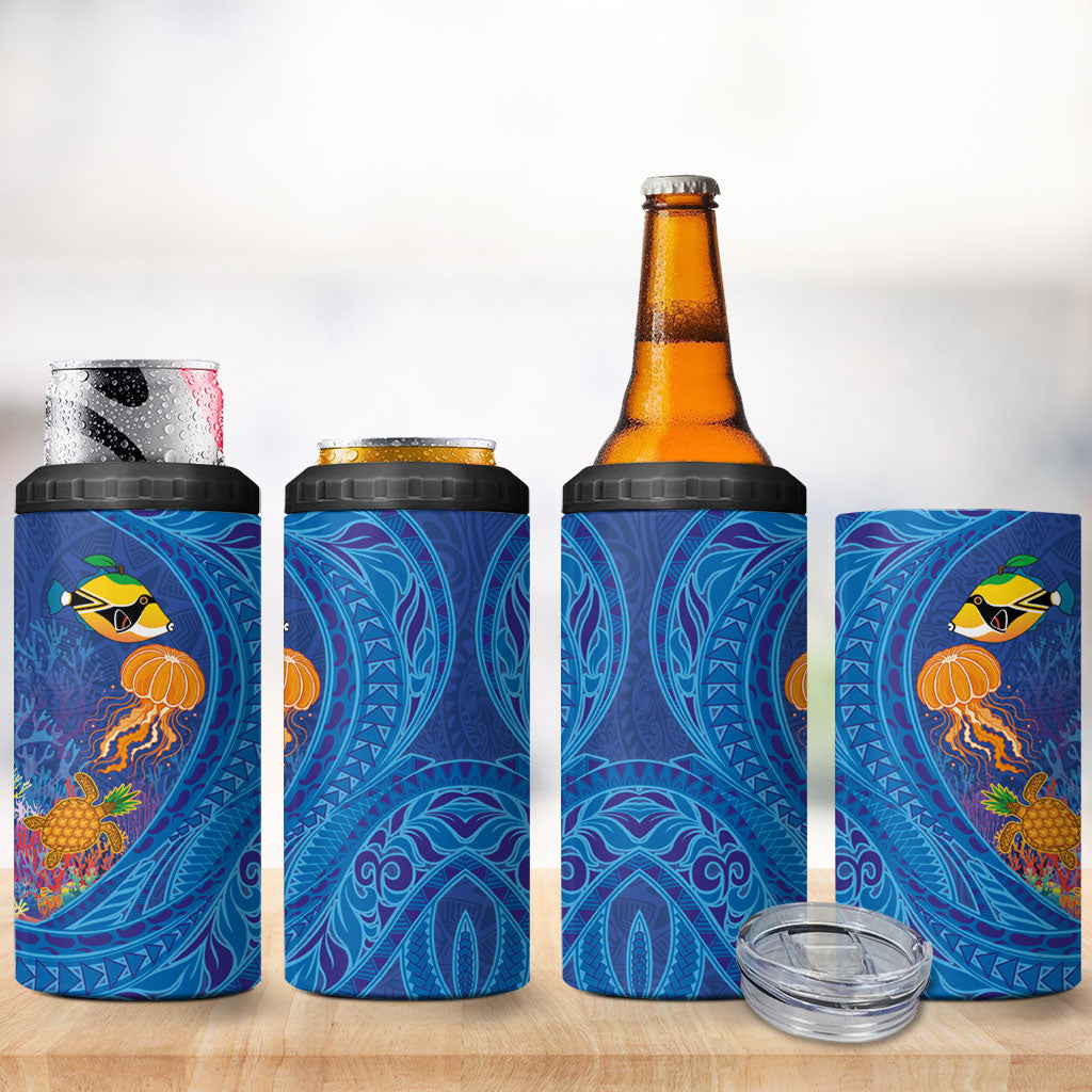 Hawaiian Funny Fruits Sea Animals 4 in 1 Can Cooler Tumbler Mango Reef Triggerfish and Pineapple Turtle and Mandarin Jellyfish LT03 - Polynesian Pride