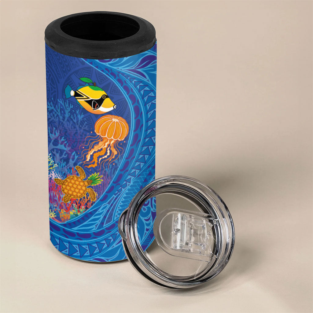 Hawaiian Funny Fruits Sea Animals 4 in 1 Can Cooler Tumbler Mango Reef Triggerfish and Pineapple Turtle and Mandarin Jellyfish LT03 - Polynesian Pride