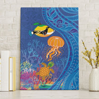 Hawaiian Funny Fruits Sea Animals Canvas Wall Art Mango Reef Triggerfish and Pineapple Turtle and Mandarin Jellyfish LT03 Without Frame Blue - Polynesian Pride