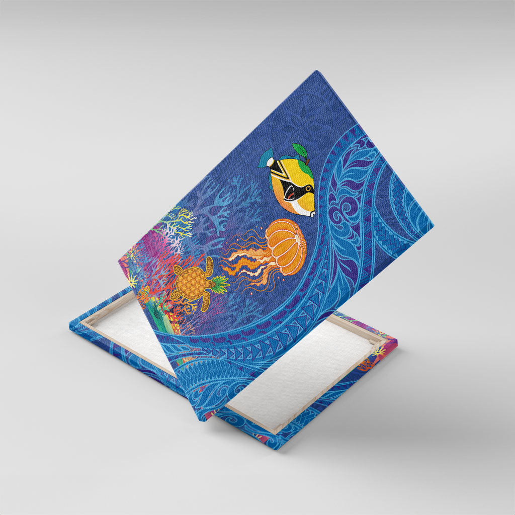 Hawaiian Funny Fruits Sea Animals Canvas Wall Art Mango Reef Triggerfish and Pineapple Turtle and Mandarin Jellyfish LT03 With Frame Blue - Polynesian Pride